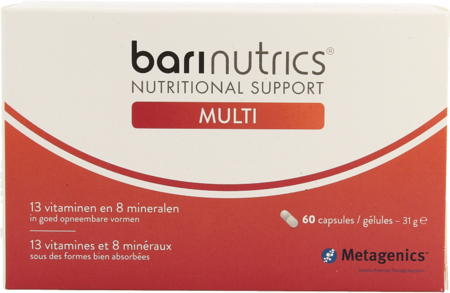 BariNutrics® Multi je edinstvena mešanica vitaminov v aktivnih oblikah in dobro absorbirajočih mineralov. Na voljo v žvečljivih tabletah, kapsulah ali nevtralnem prašku za posip.